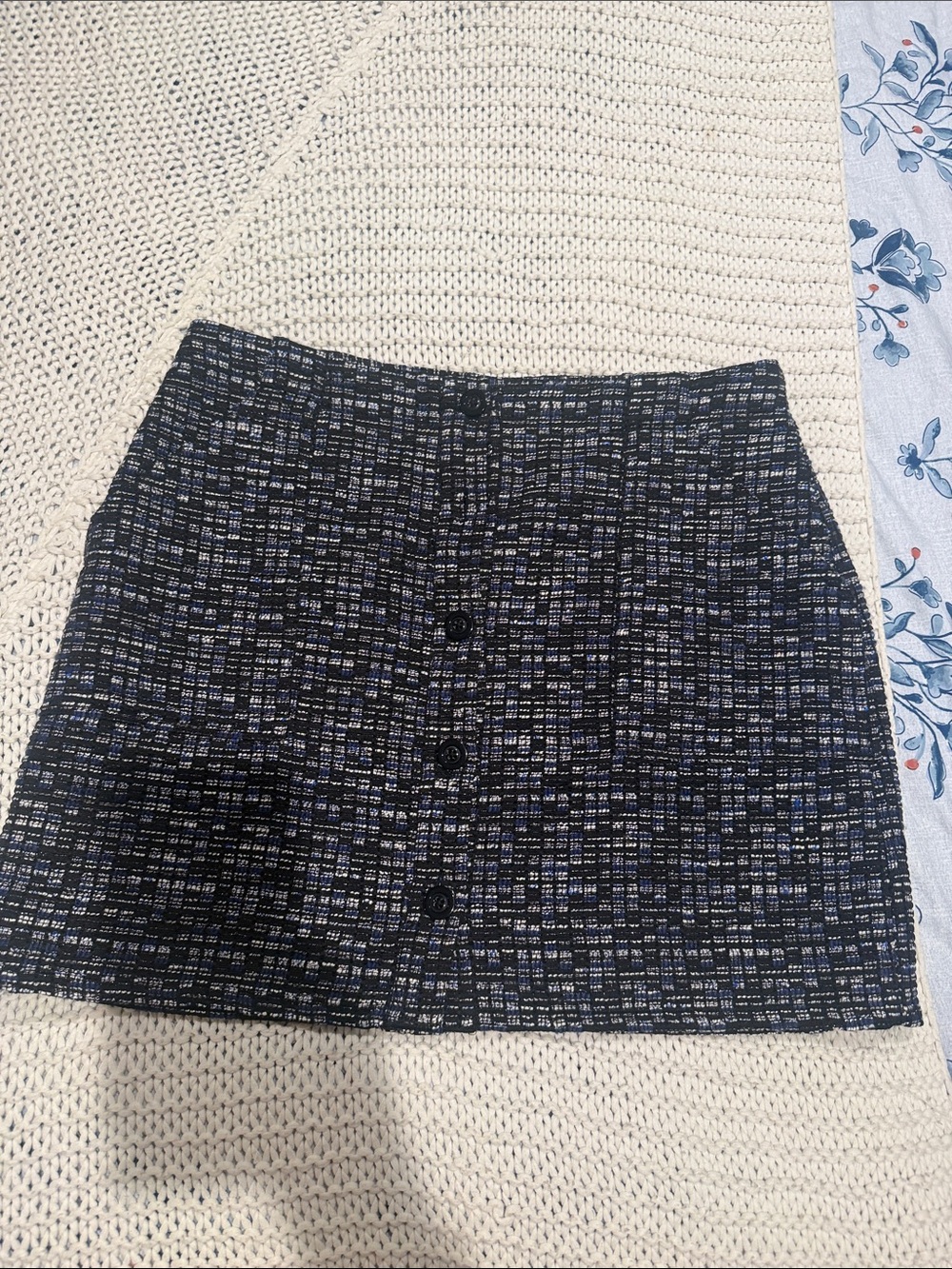 Banana Republic Navy and White Tweed Button-Front Mini Skirt